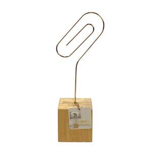 Paper Clip Photo and Document Holder Gold Tone Metal Wire on Wood Base